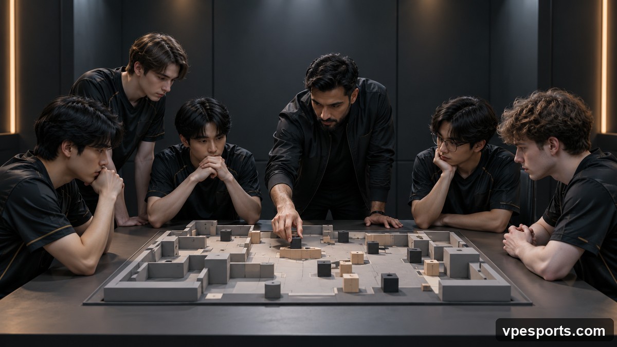 A tactical team regroups around a physical strategy model after the opening map