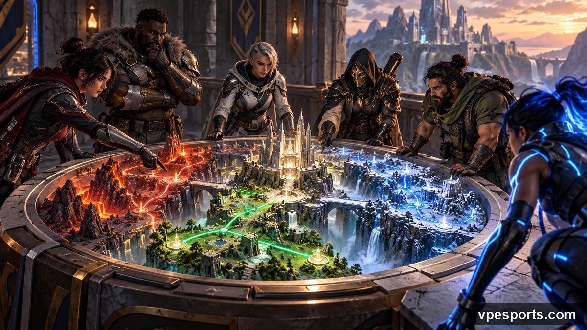 A varied group of tactical characters plans different strategic routes