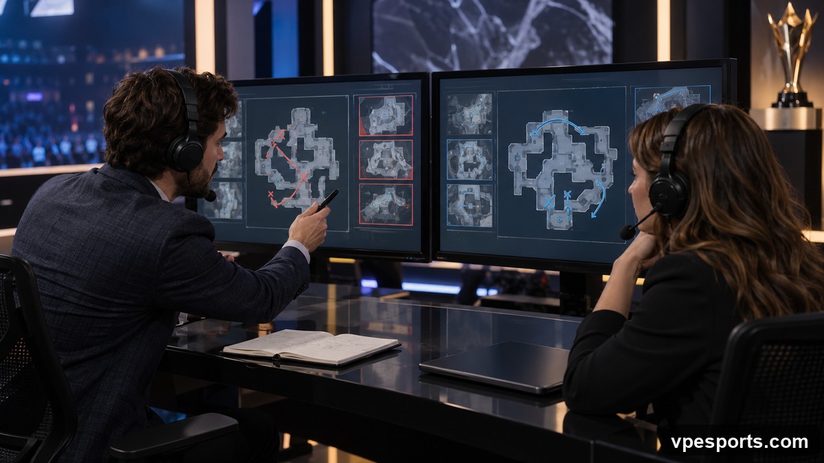Analysts examine tactical routes before an international VALORANT match
