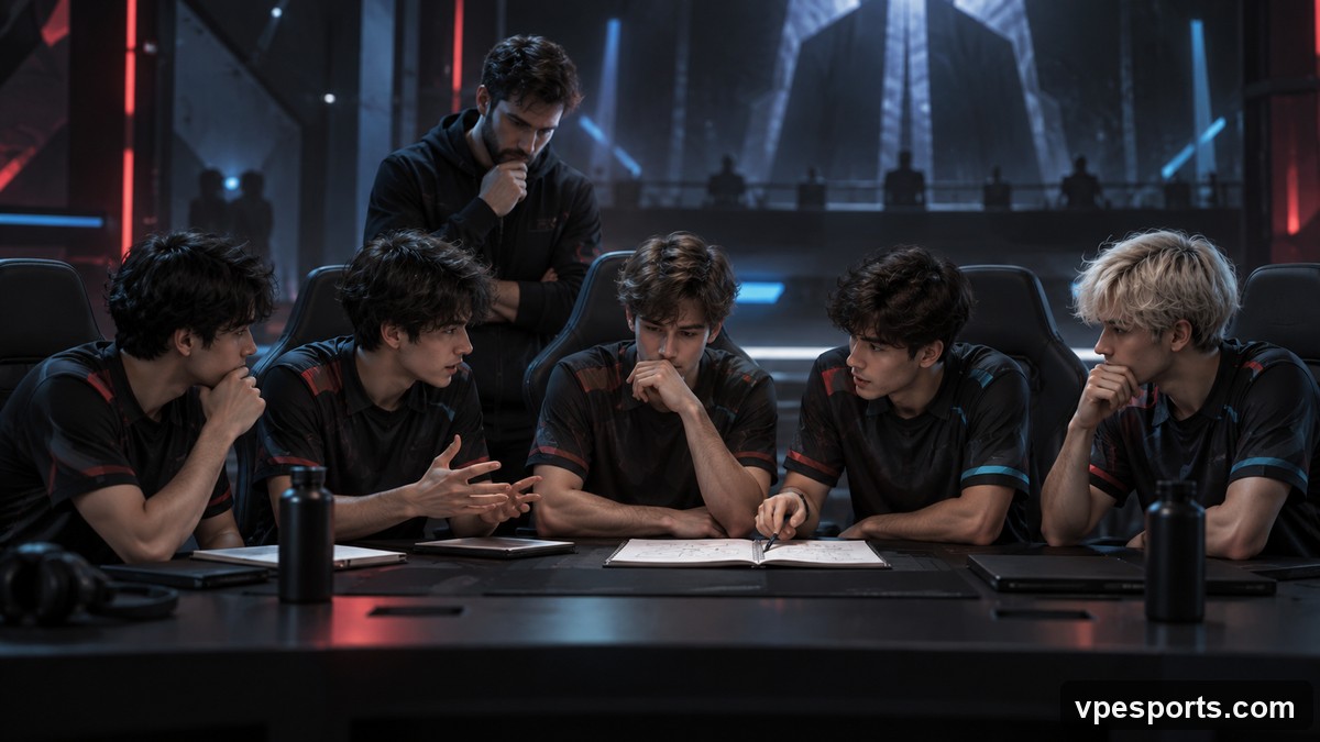 Five GIANTX players discuss roles with their coach before the event