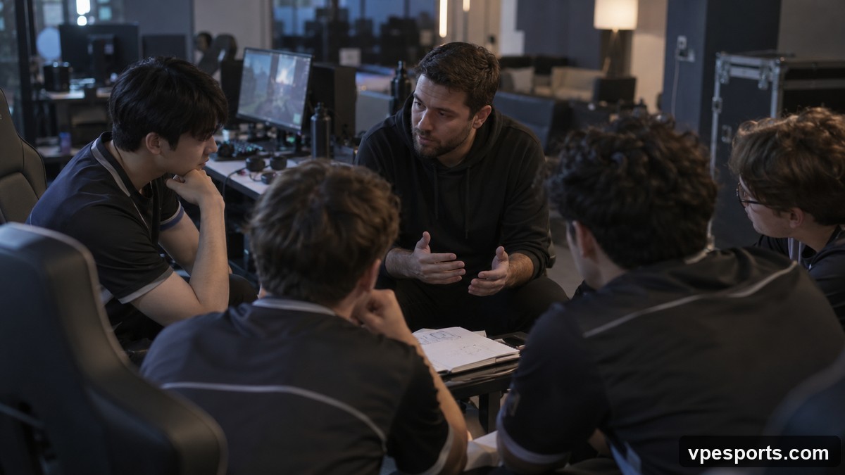 A coach and players review their plan between VALORANT maps