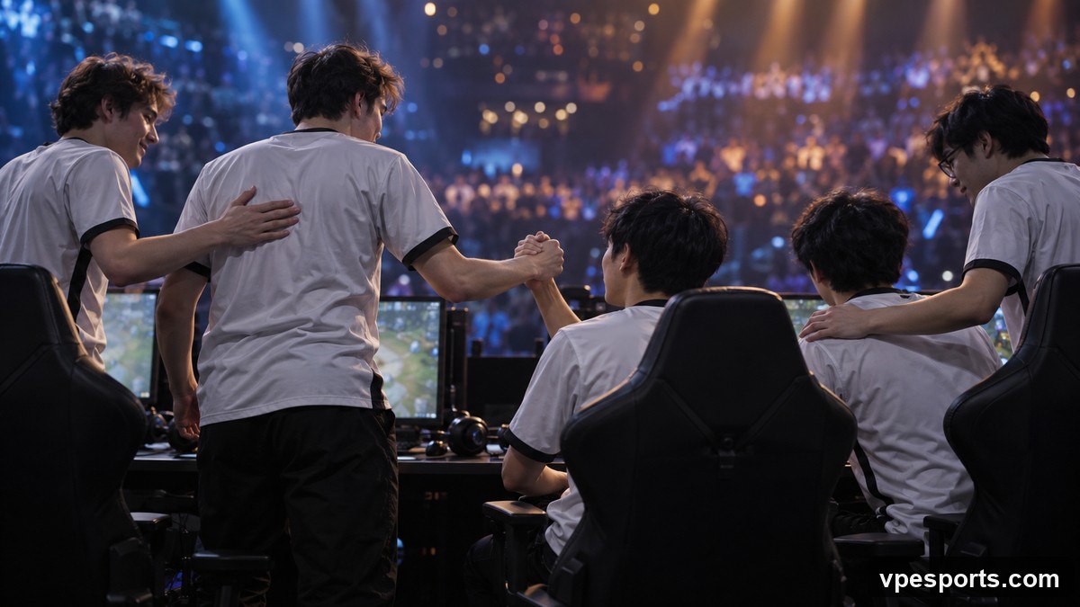 An esports team celebrates after a decisive tournament series