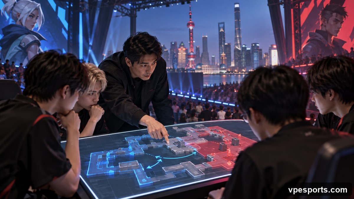 A VALORANT team reviews its map plan ahead of an international playoff match
