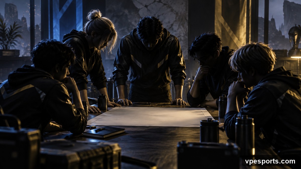 Conceptual illustration of a Valorant team reviewing a close playoff map