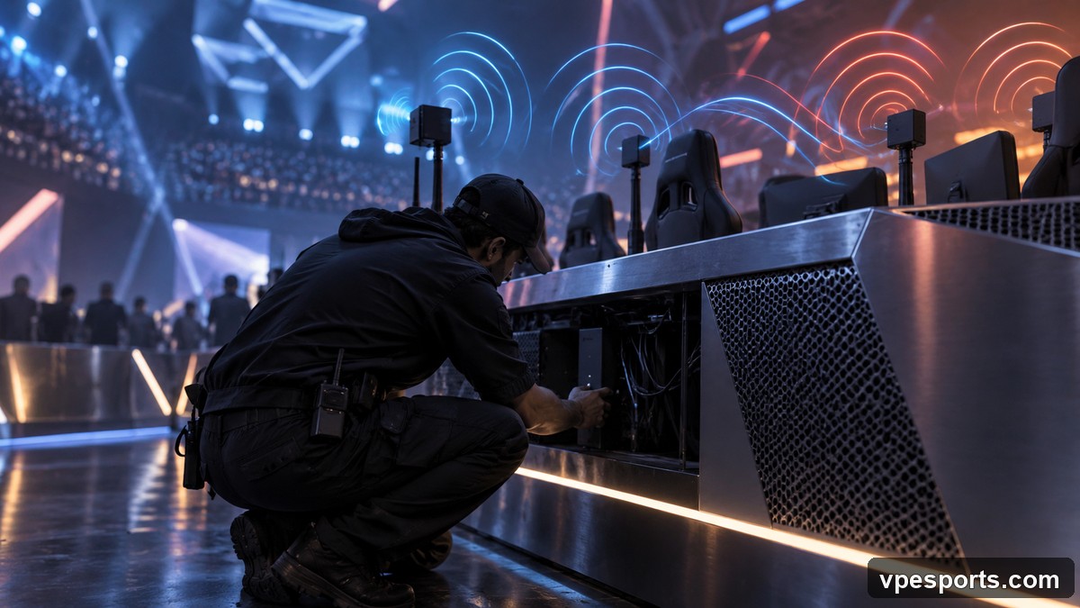 A technician checks wireless interference around the tournament desks