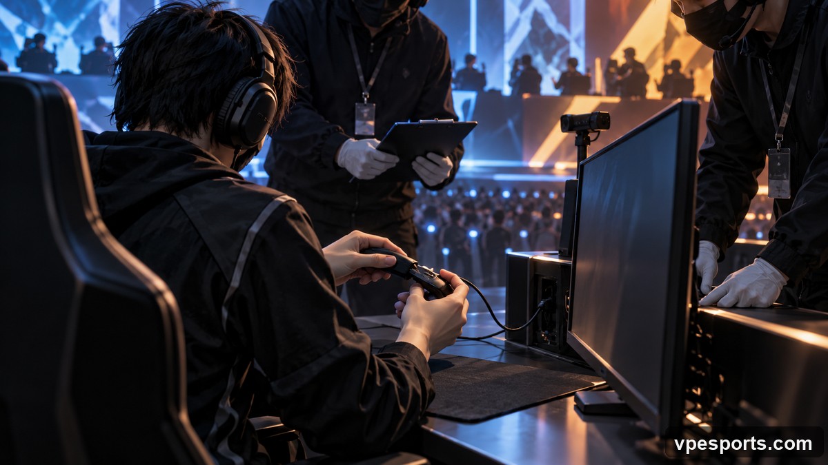Officials verify a wired mouse connection before the next match